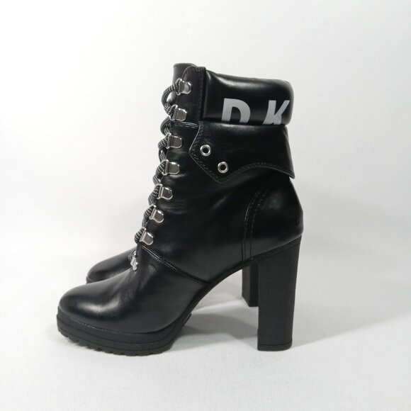 DKNY Black Moto Style Lace Up Logo High Heel Ankle Boots Womens Size 7.5 - Picture 2 of 14